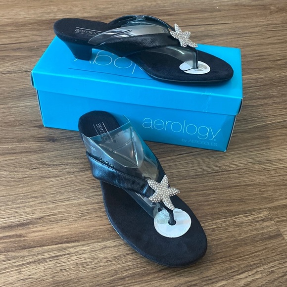 Retro NWT aerosoles arology starfish kitten heel black flip flop sandal 9.5 - Picture 1 of 4